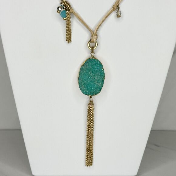 Chico's Gold Beaded Cord Turquoise Druzy Tassel Necklace ✨ - Picture 9 of 14